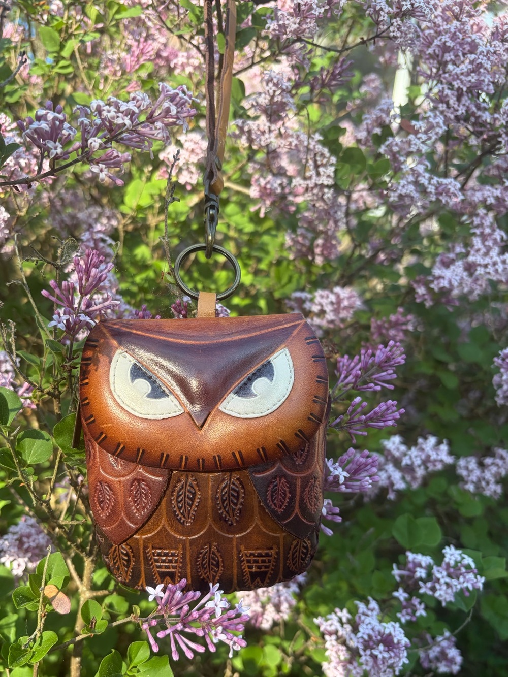 Owl Wristlet HAND-TOOLED Change Bag Leather Brown White